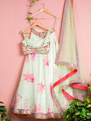 Green Lotus Floral Lehenga Set With Green Chantily Mirror Blouse image 1