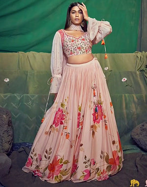 Hand Painted Peach Floral Lehenga - Custom image
