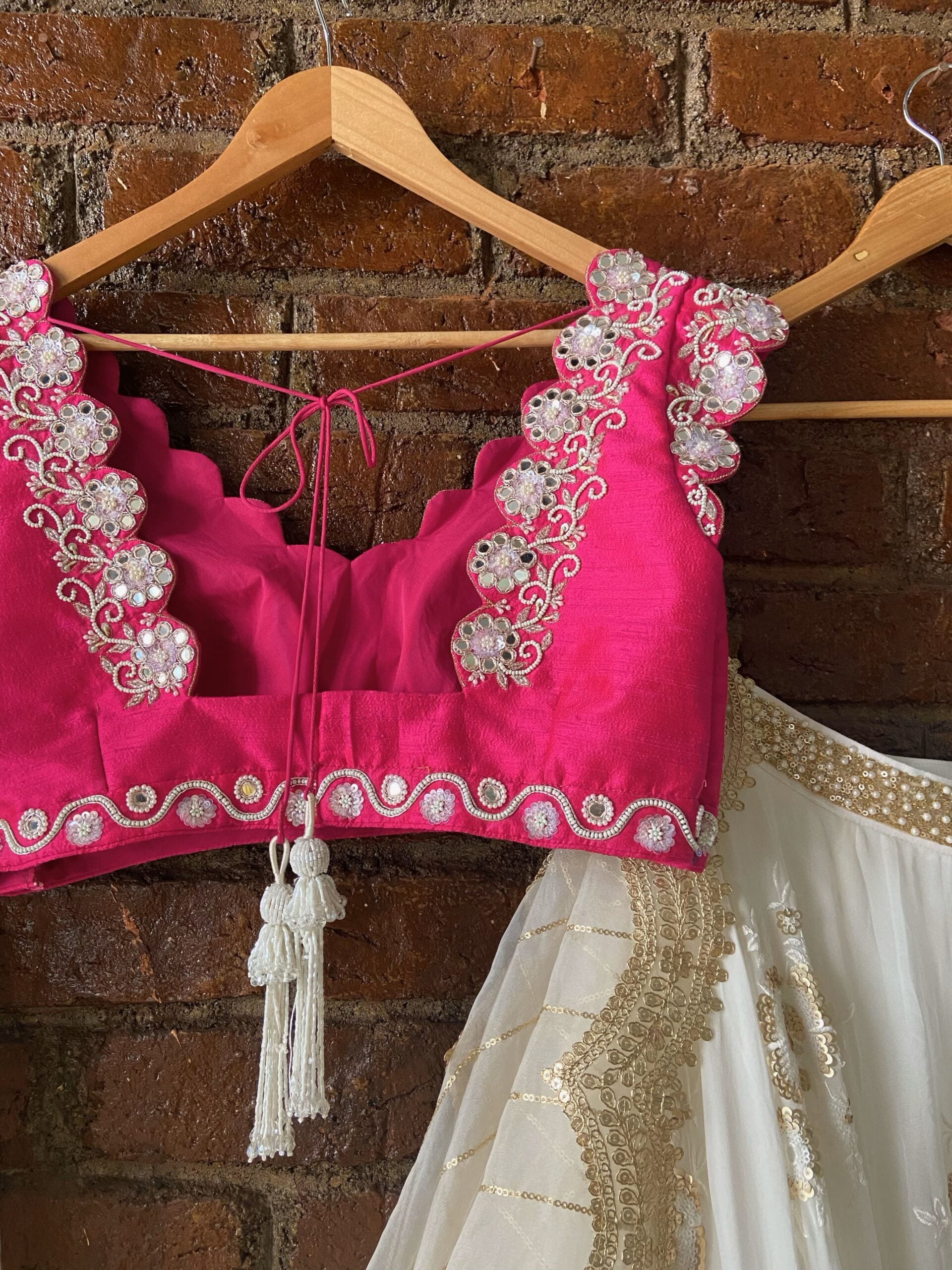 Ivory and Fuchsia Lehenga Set with Mirror Work image 2