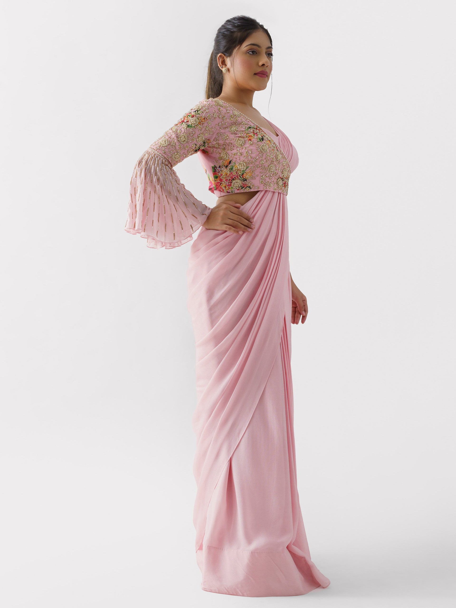 Blush Pink Pre Drape Saree Set image 3
