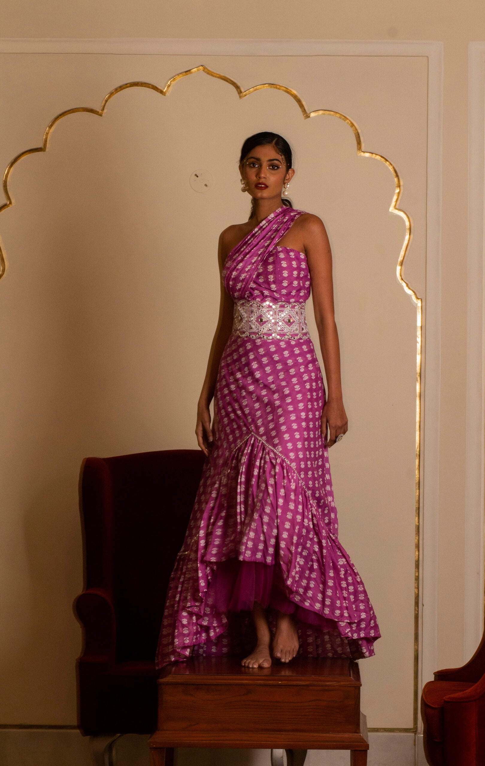 Purple Printed One Shoulder Long Dress - S image