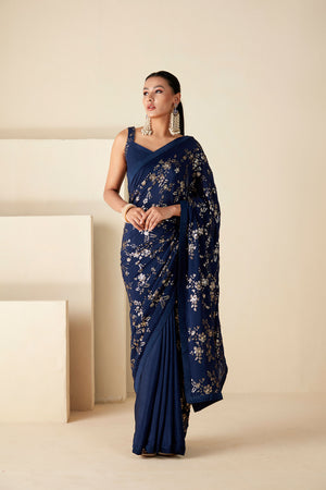 Dark Teal Georgette Crepe Sequin Work Saree - Custom image