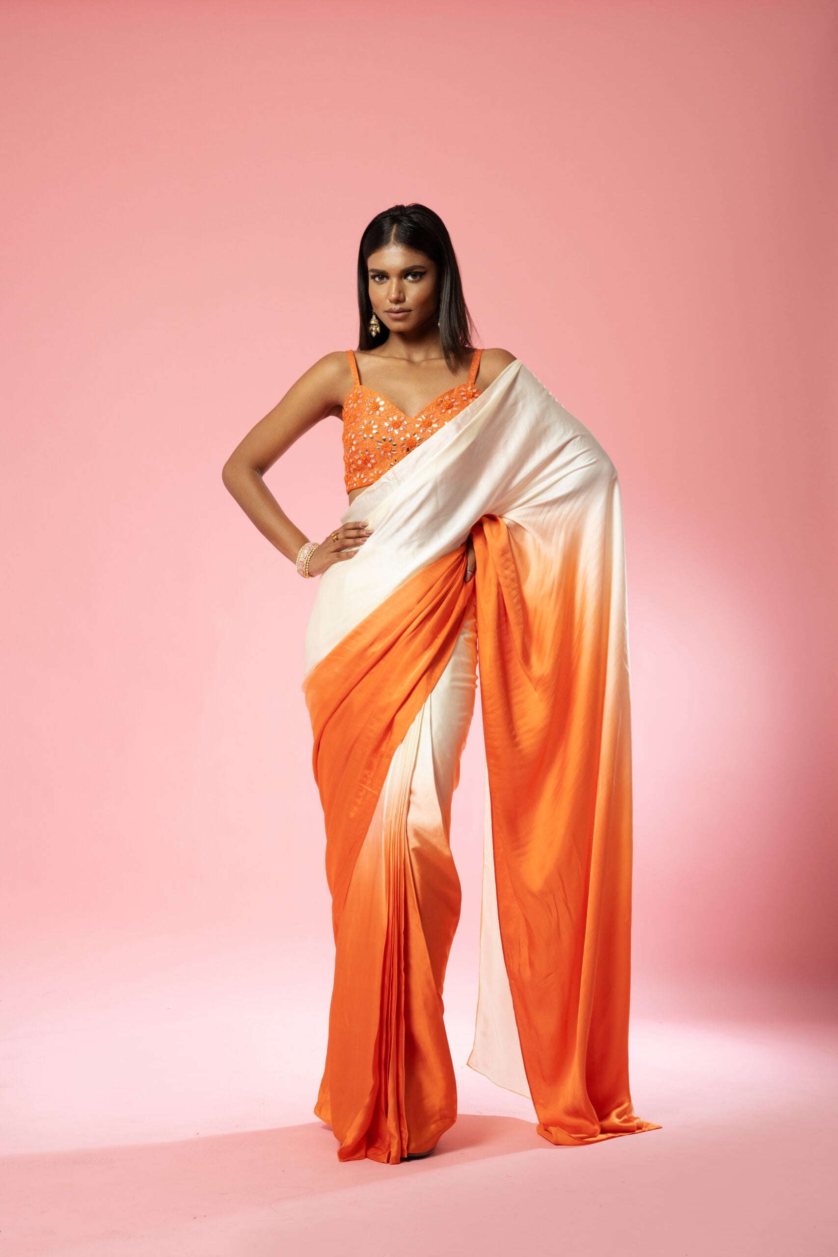 Ivory And Orange Georgette Embroidered Saree image 3