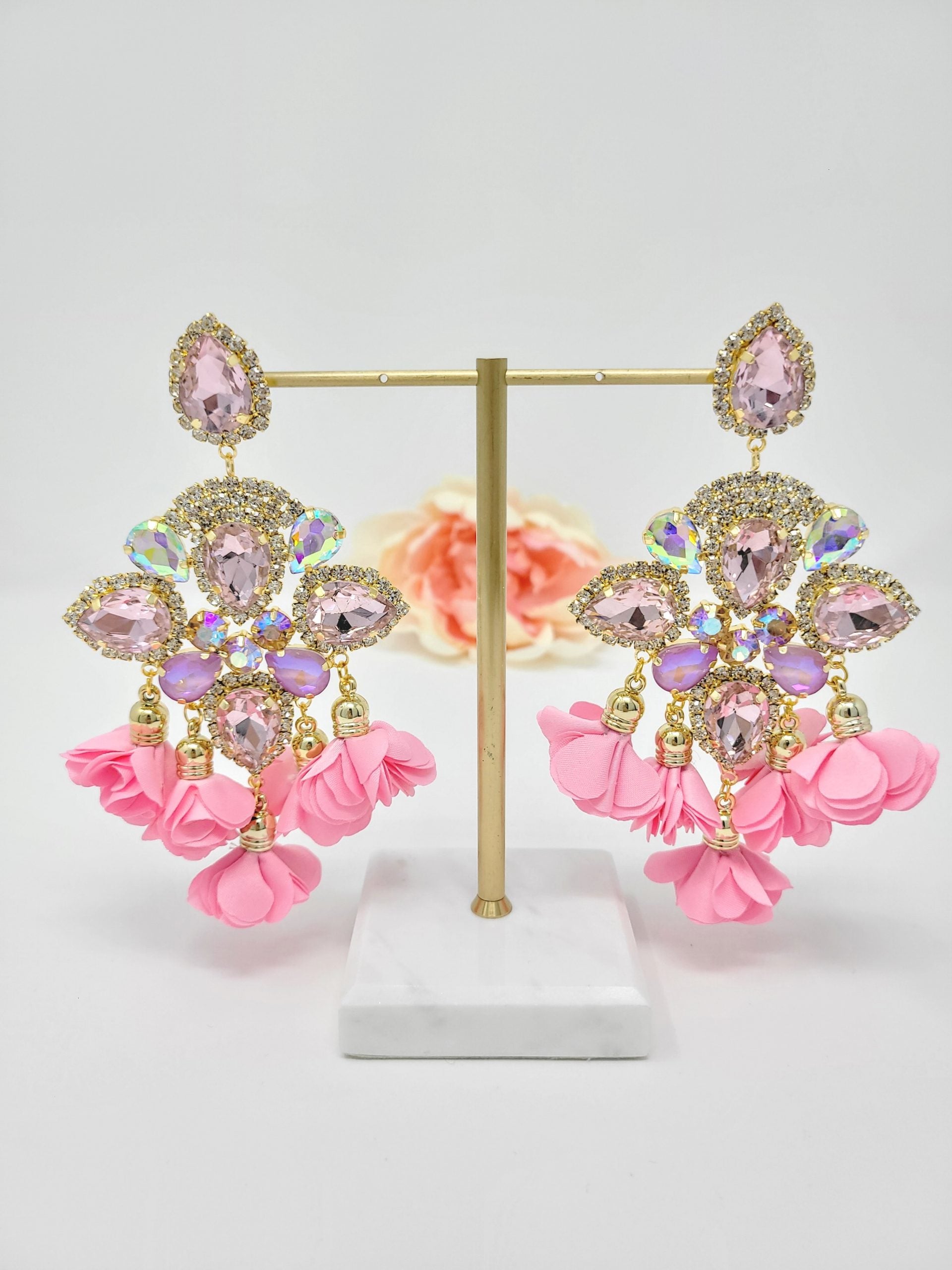 Floral Chandelier Earrings - Pink image