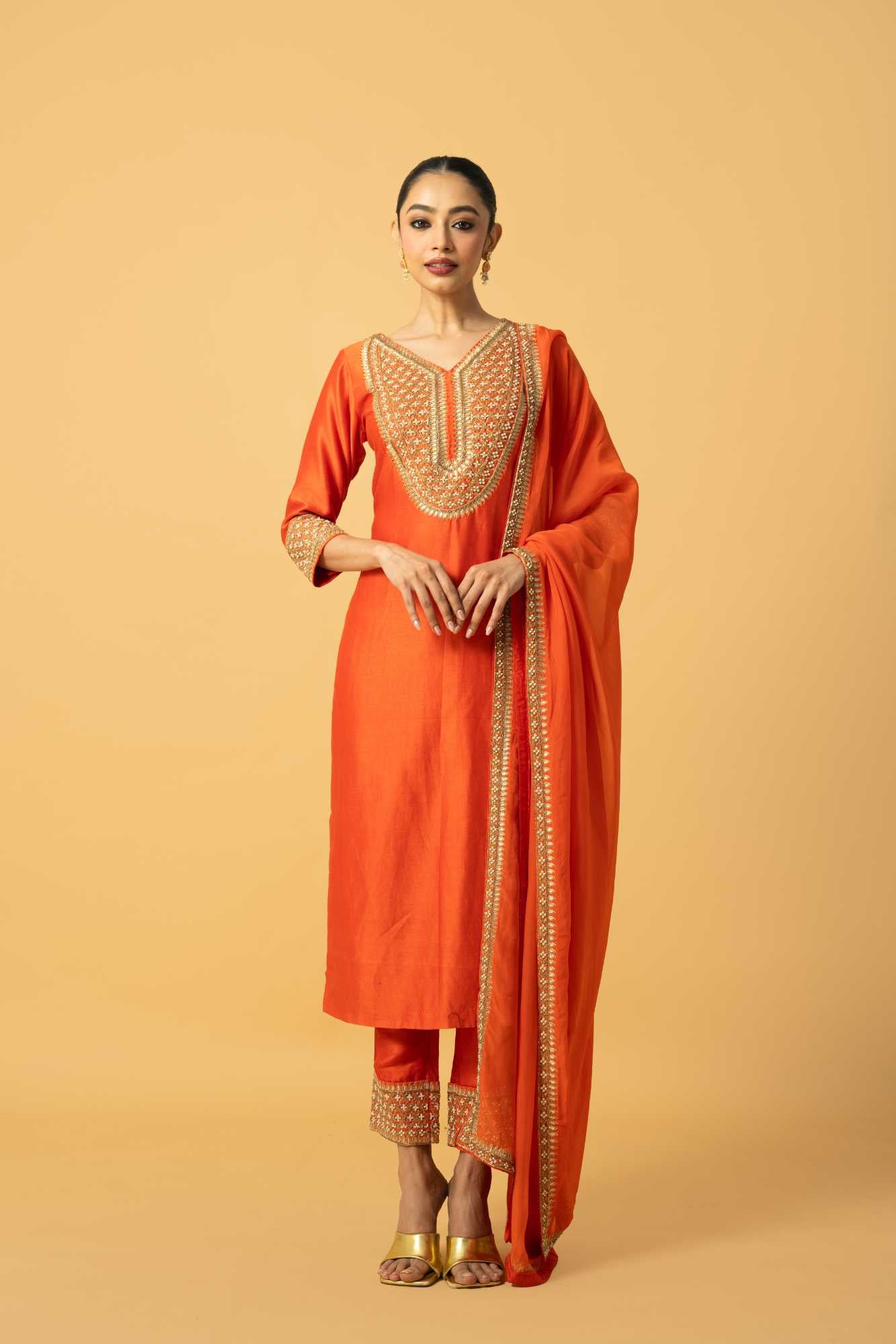 Orange Chanderi Silk 3 Quarter Sleeve Kurta image 4