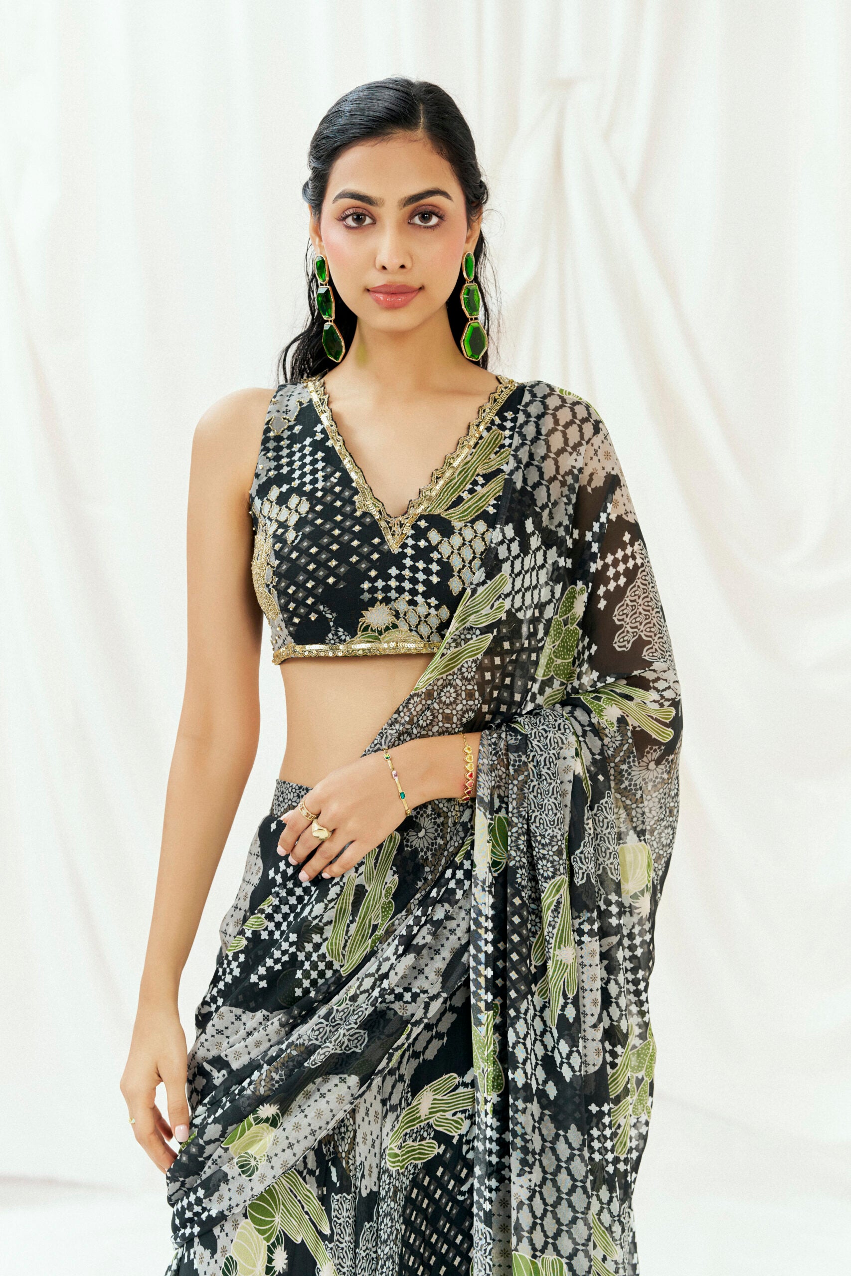 Black Printed Embroidered Drape Saree Set image 5