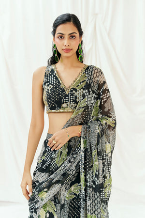 Black Printed Embroidered Drape Saree Set image 5