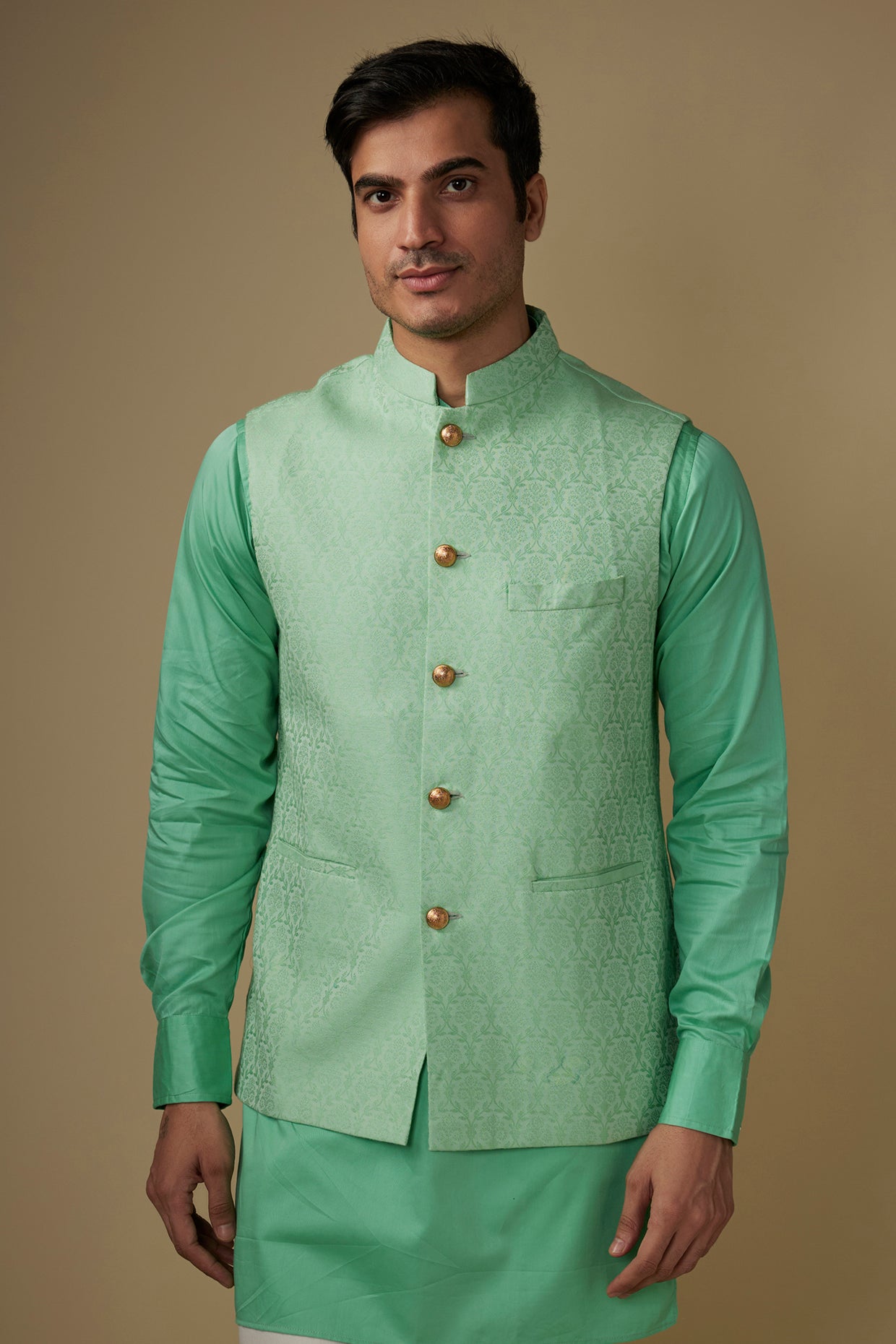 Mint Green Jacquard Jacket Kurta Set image 1
