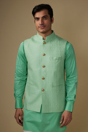 Mint Green Jacquard Jacket Kurta Set image 1