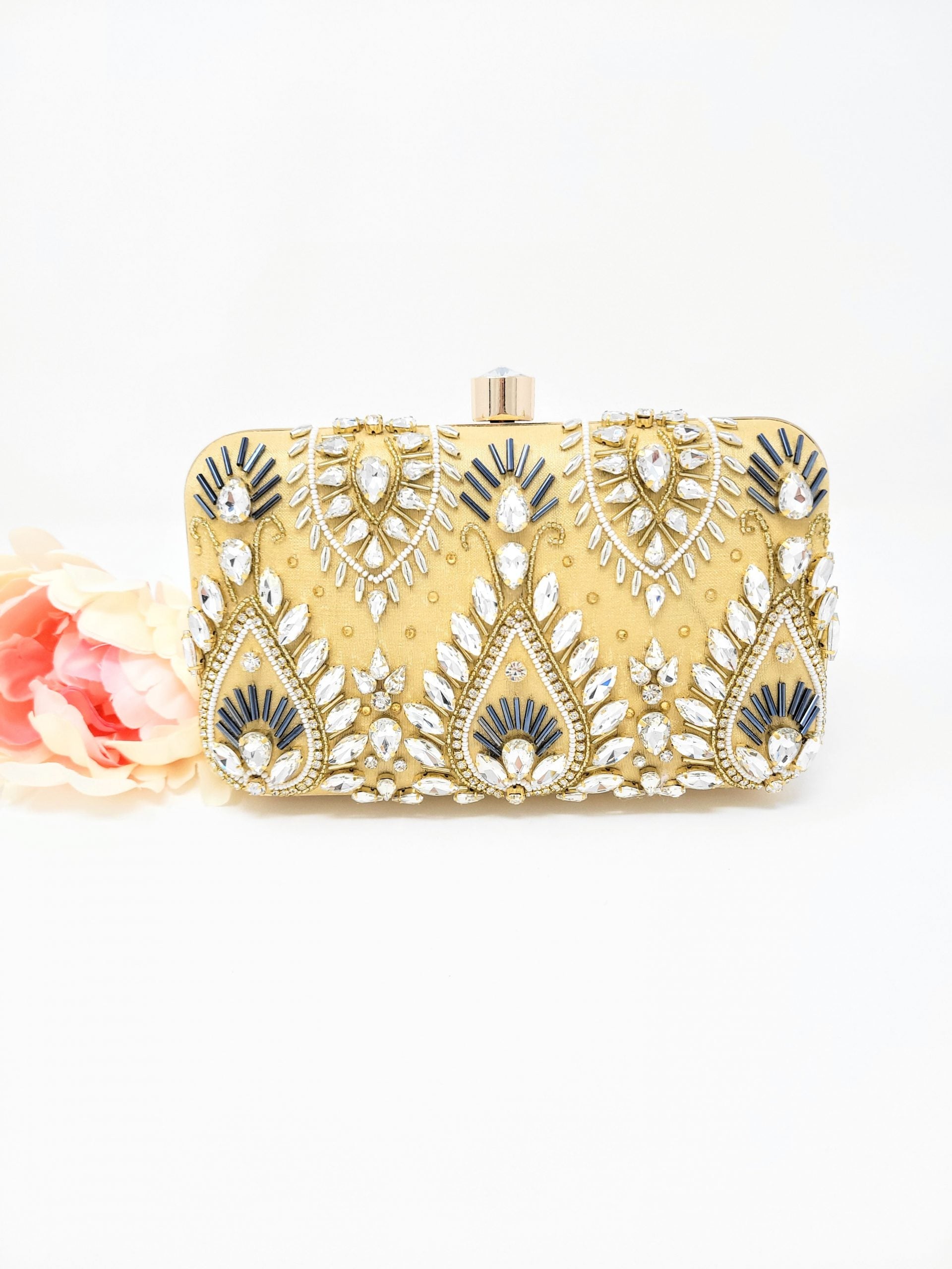 Rectangle Embroidered and Stone Work Clutch - Gold image