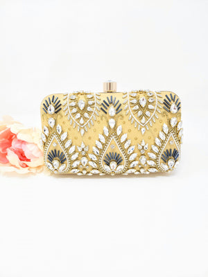 Rectangle Embroidered and Stone Work Clutch - Gold image