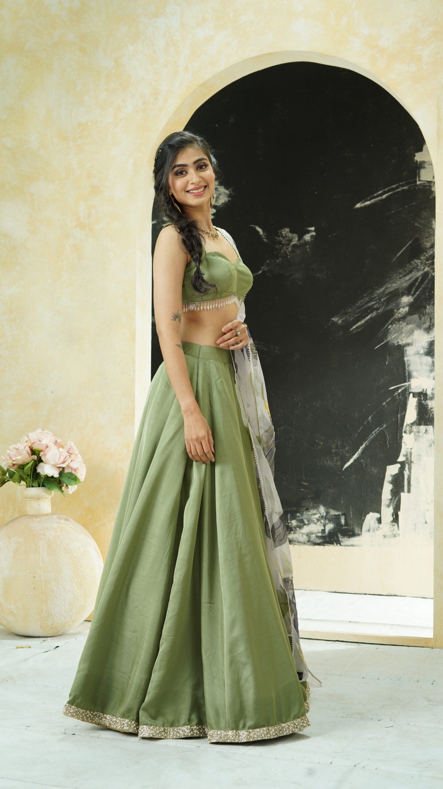 Sage Green lehenga set with hand painted  dupatta image 3