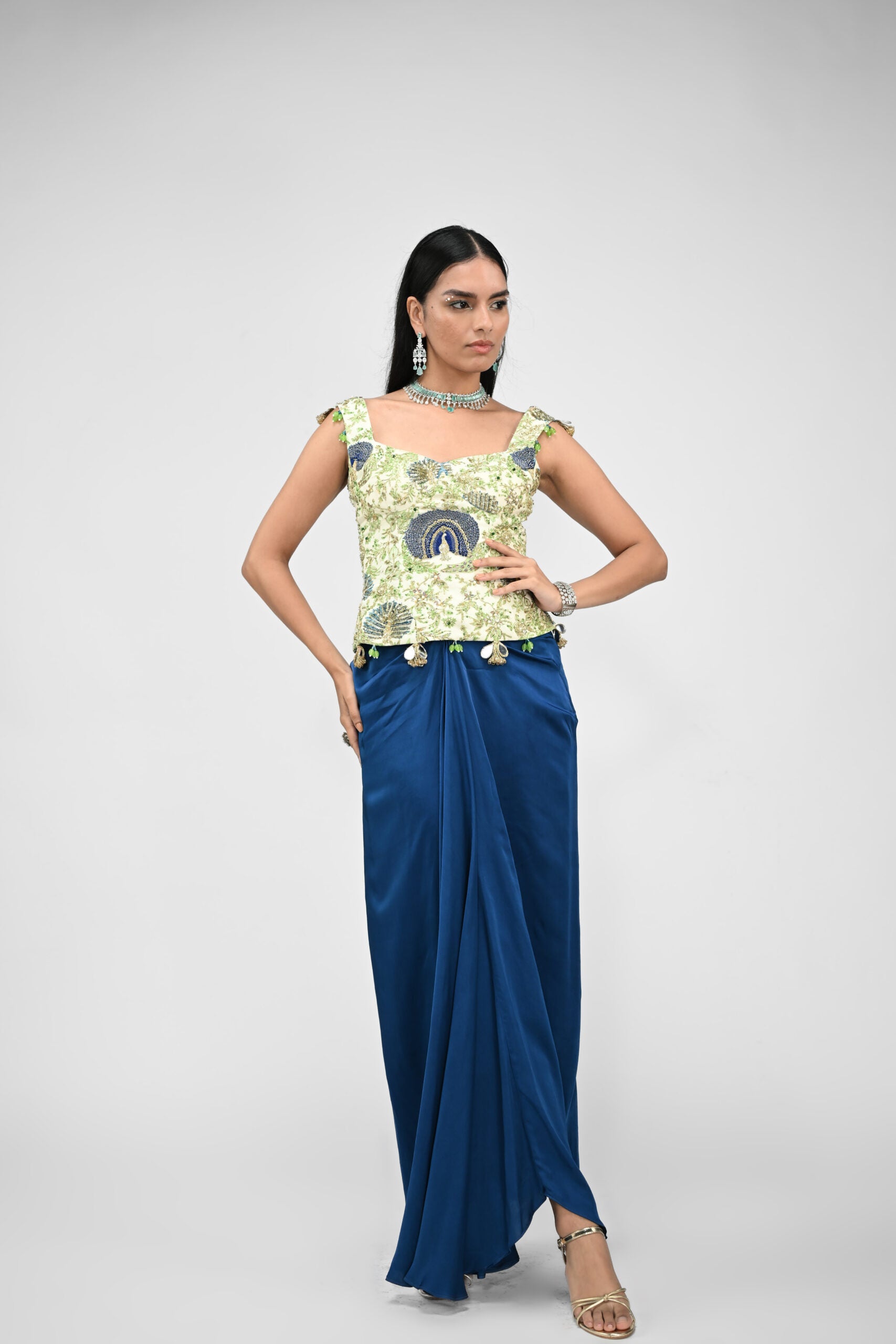 Peacock Highlighted Corset With Cowl Skirt - XL image