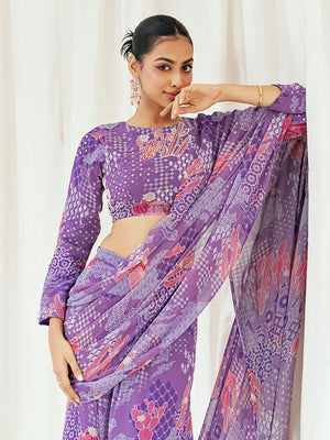 Violet Printed Embroidered Drape Saree Set image 7