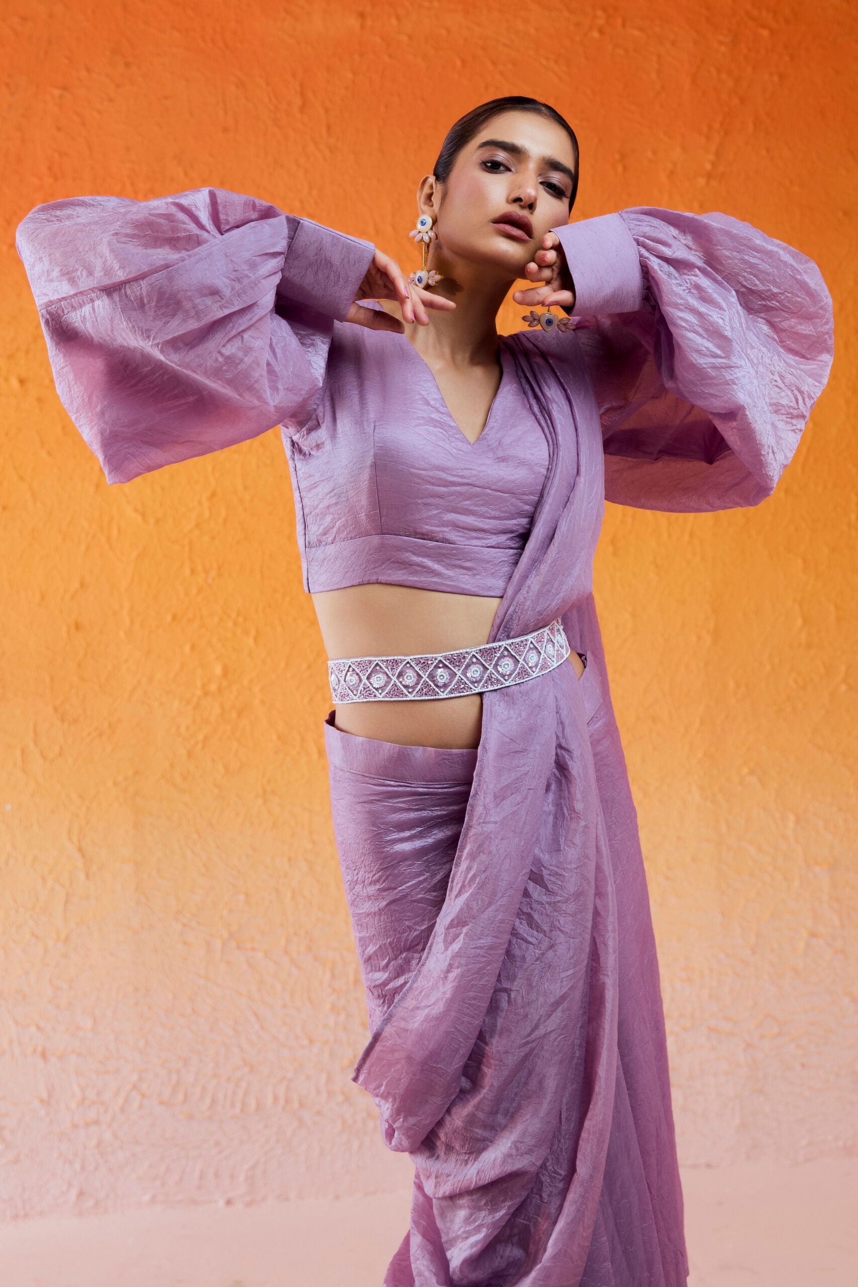Lavender Embroidered Drape Saree Set with Belt image 4