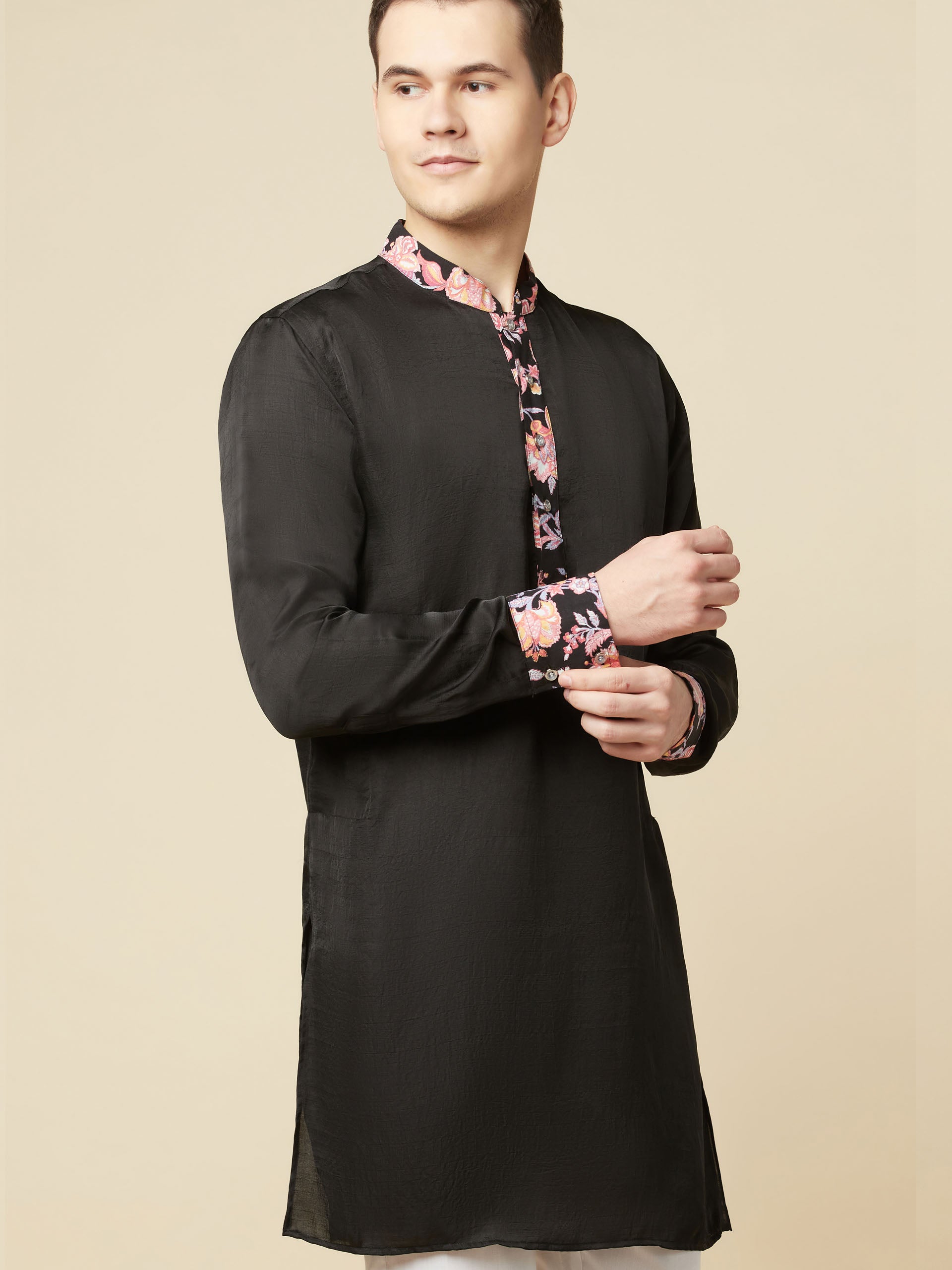 Black Art Silk Print Kurta image 2