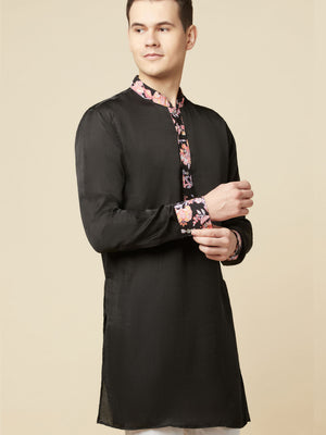 Black Art Silk Print Kurta image 2
