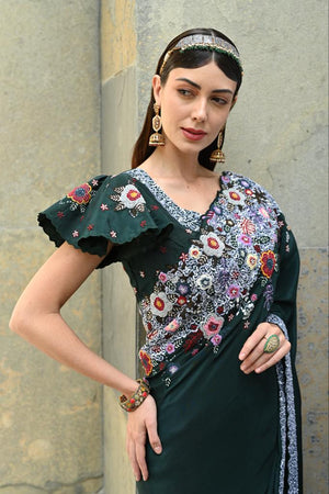 Bottle Green Embellished Saree Blouse Set image 4