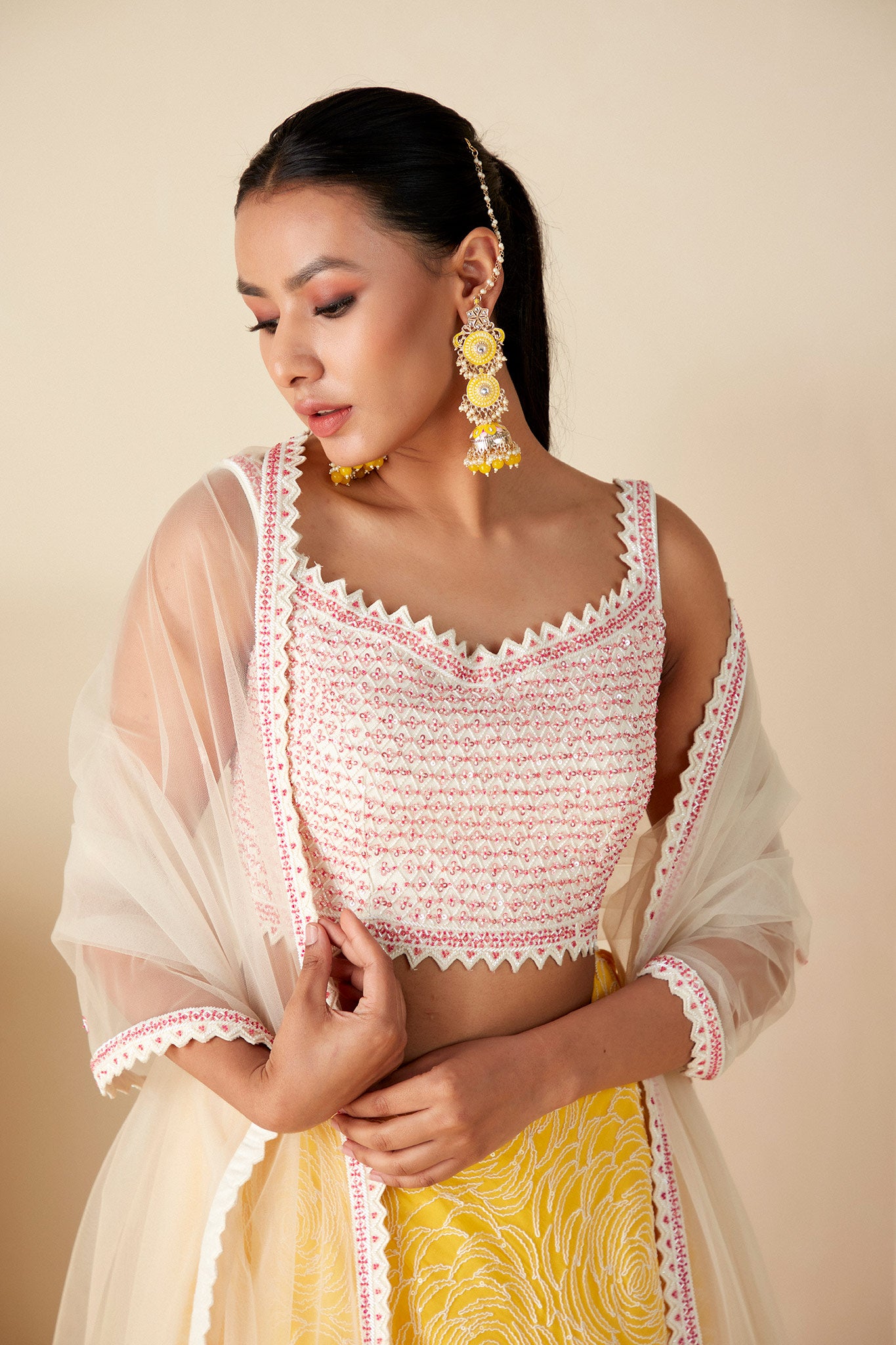 Yellow and White Lehenga Set image 1
