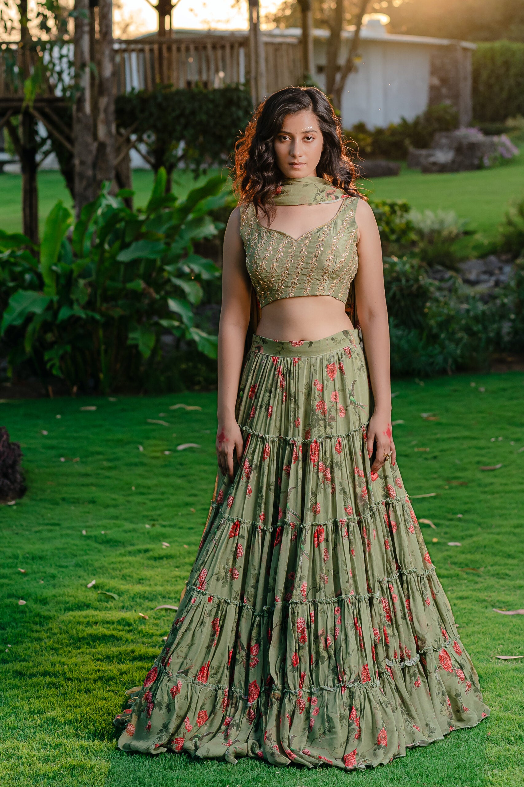 Pista Green Printed &amp; Embroidered Lehenga Set - S image
