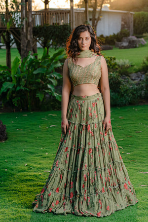 Pista Green Printed &amp; Embroidered Lehenga Set - S image