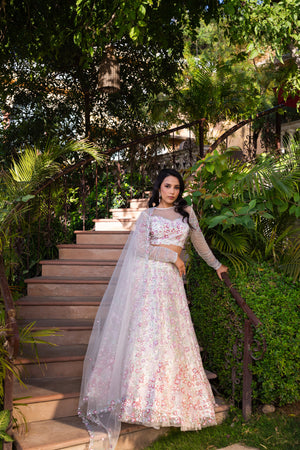 Off-White Net Embroidered Lehenga Set image 10