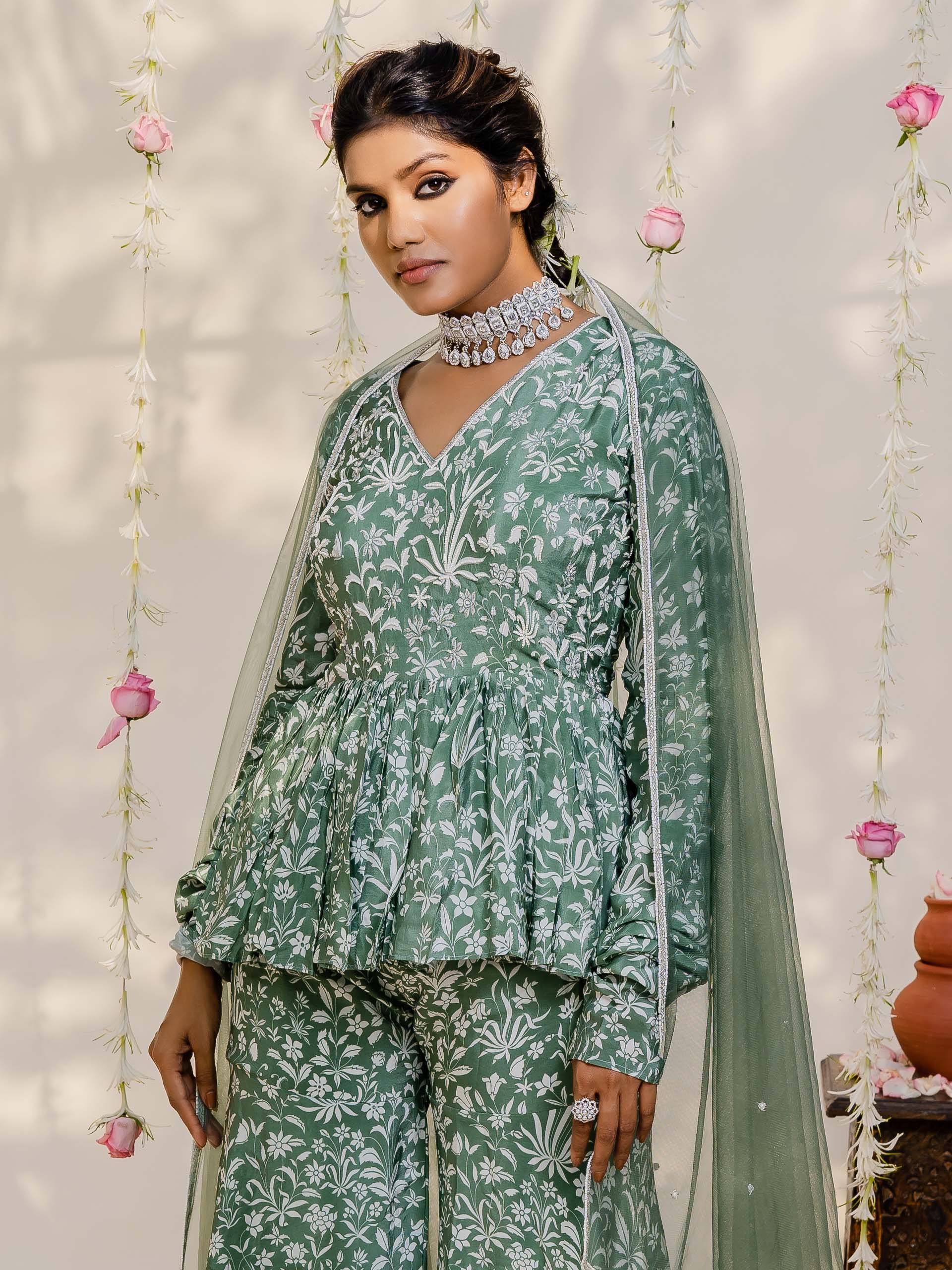 Floral Olive Green Sharara Set image 3