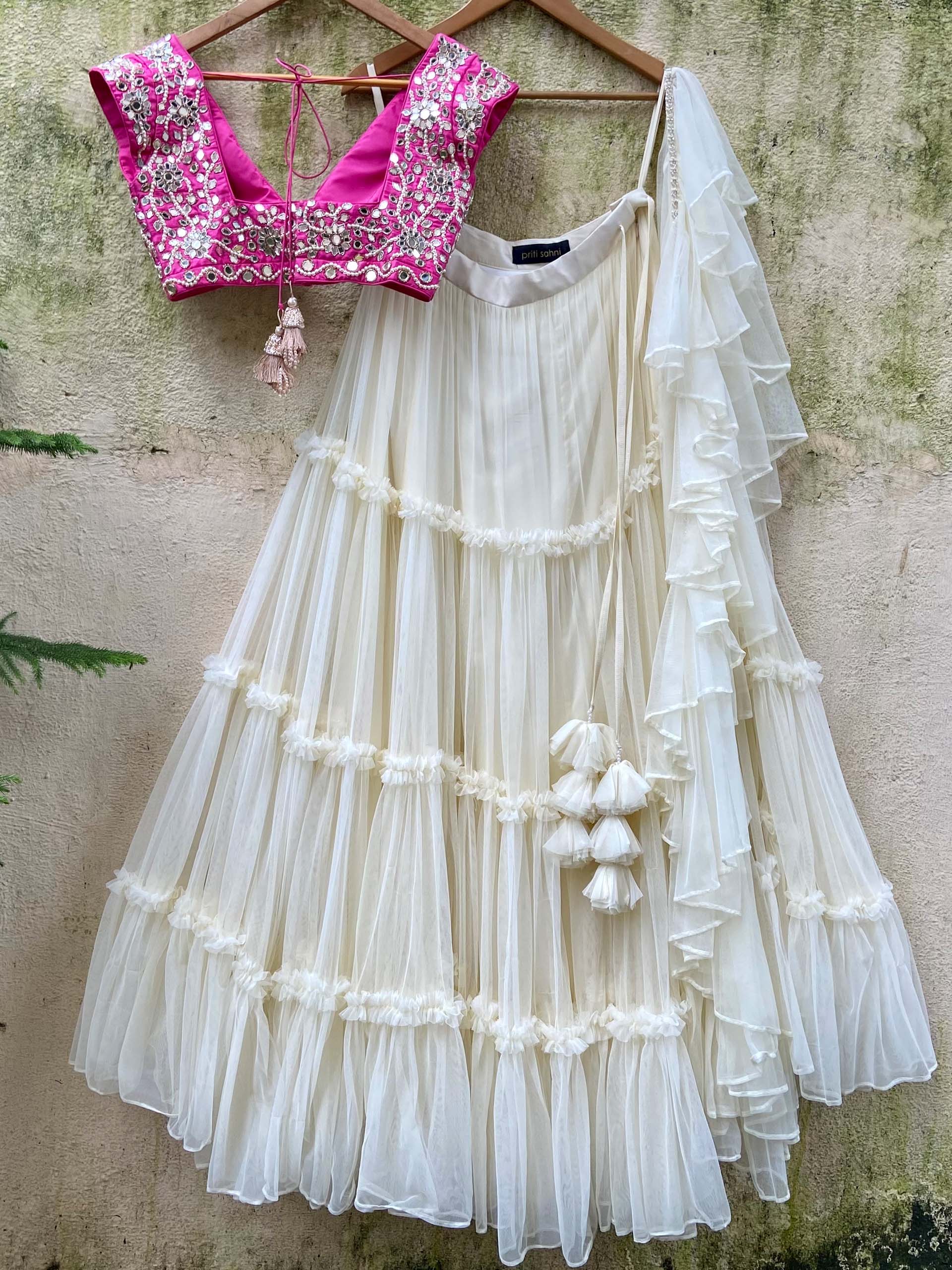 Ivory and Fuchsia Mirror Ruffle Lehenga Set image 4
