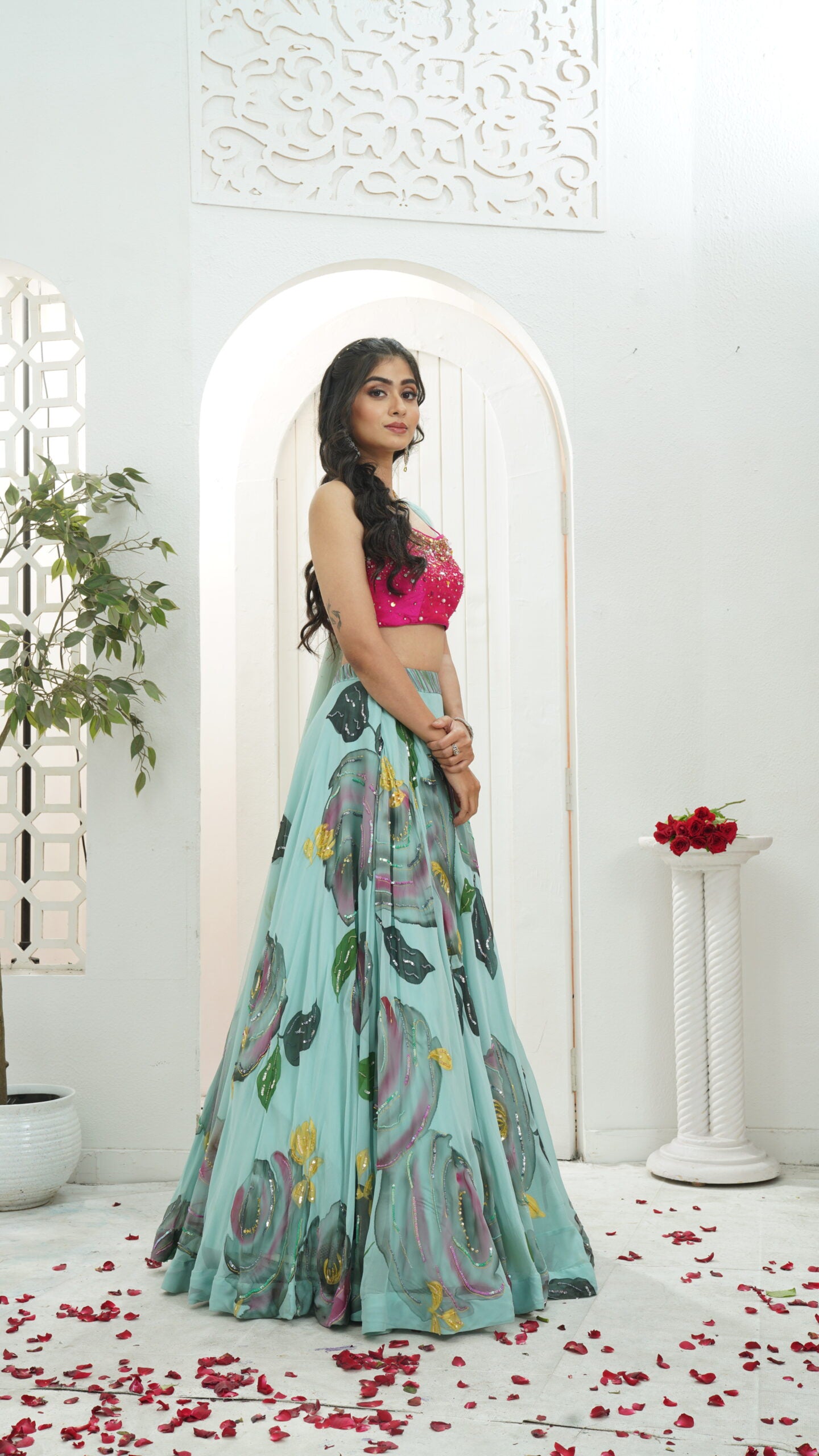 Dusty Blue hand painted lehenga with Pink embroidered bustier set image 3