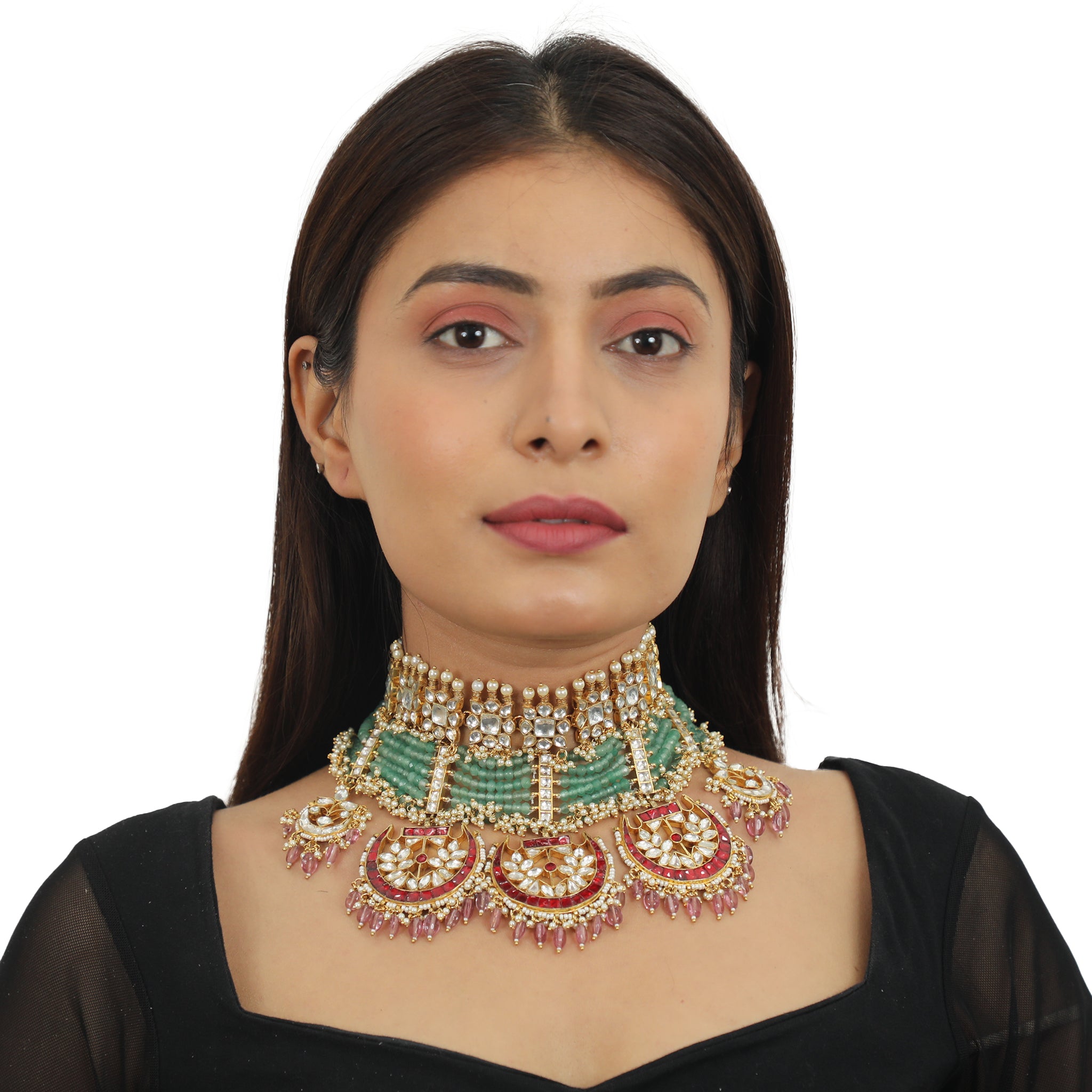 Sea Green Motiwork With Red Bridal Necklace Set image 5