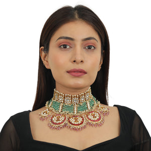 Sea Green Motiwork With Red Bridal Necklace Set image 5