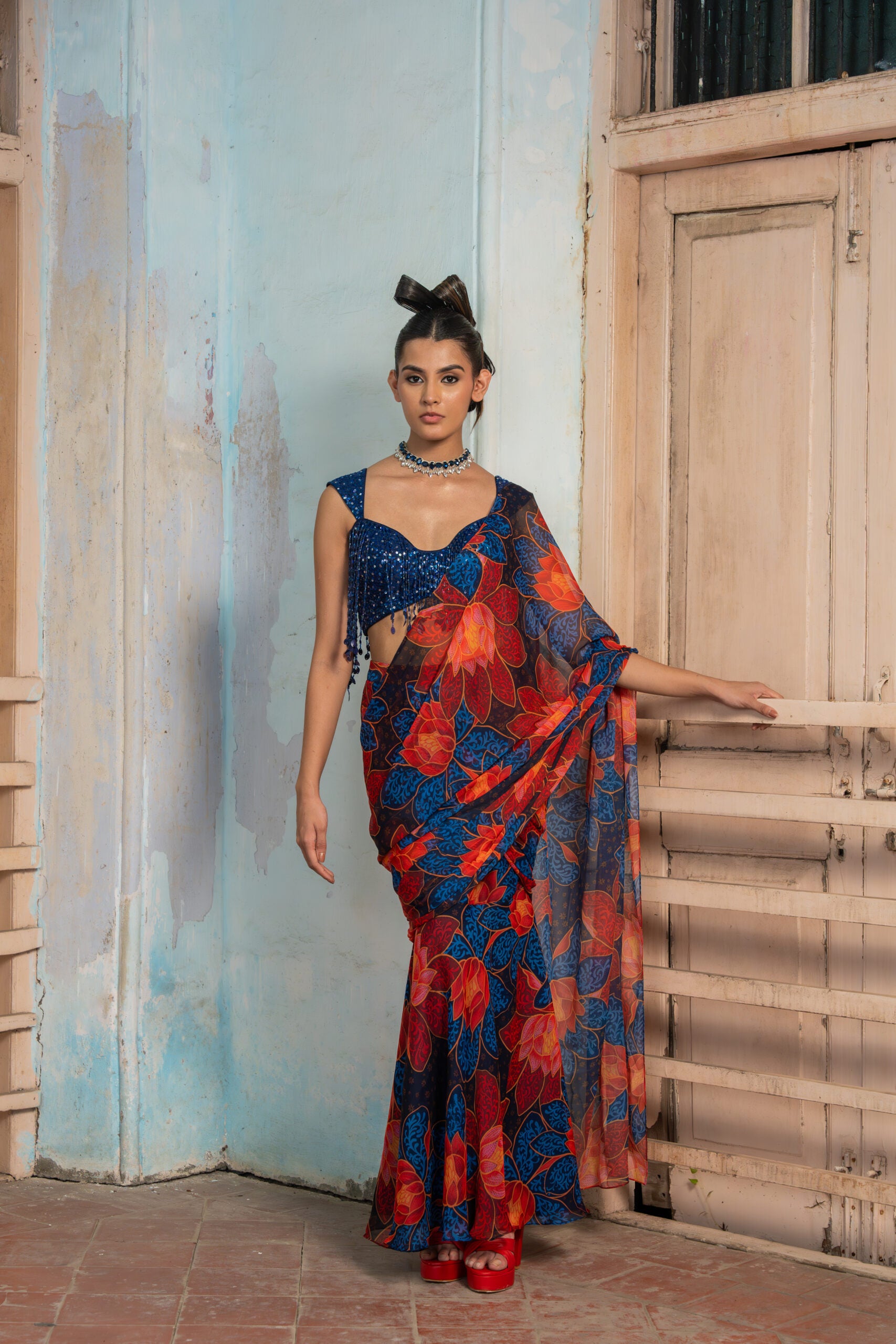Burning Blossom Draped Saree image 0