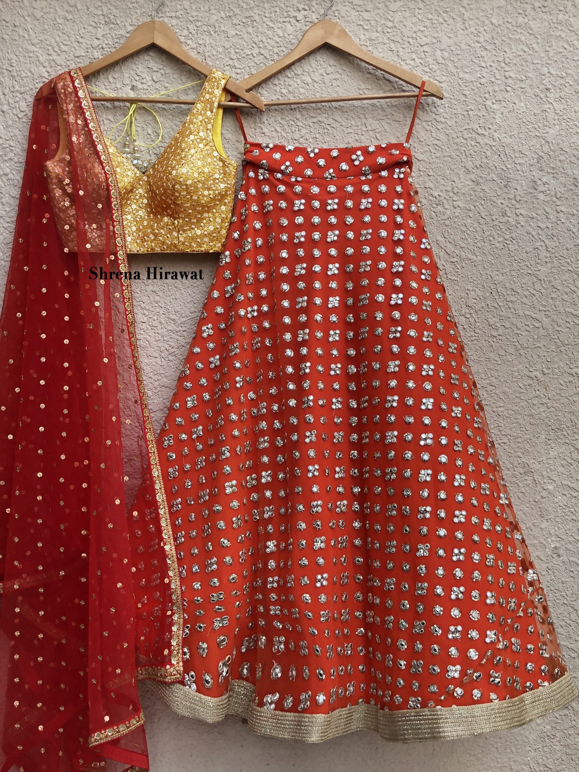 Yellow Blouse with Orange Mirror Work Lehenga image 0