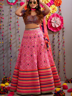Pink Woven Phoolkari Lehenga with Indigo Blue Sequins Choli Set - M image