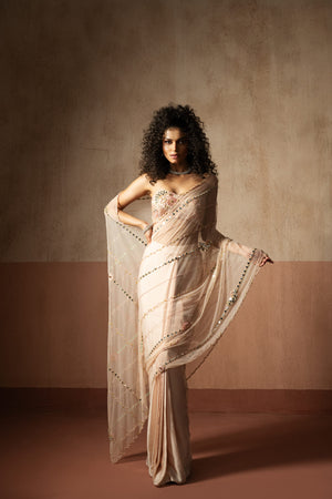 Pre Draped Baby Pink Hand Embroidered Net & Satin Saree - M image