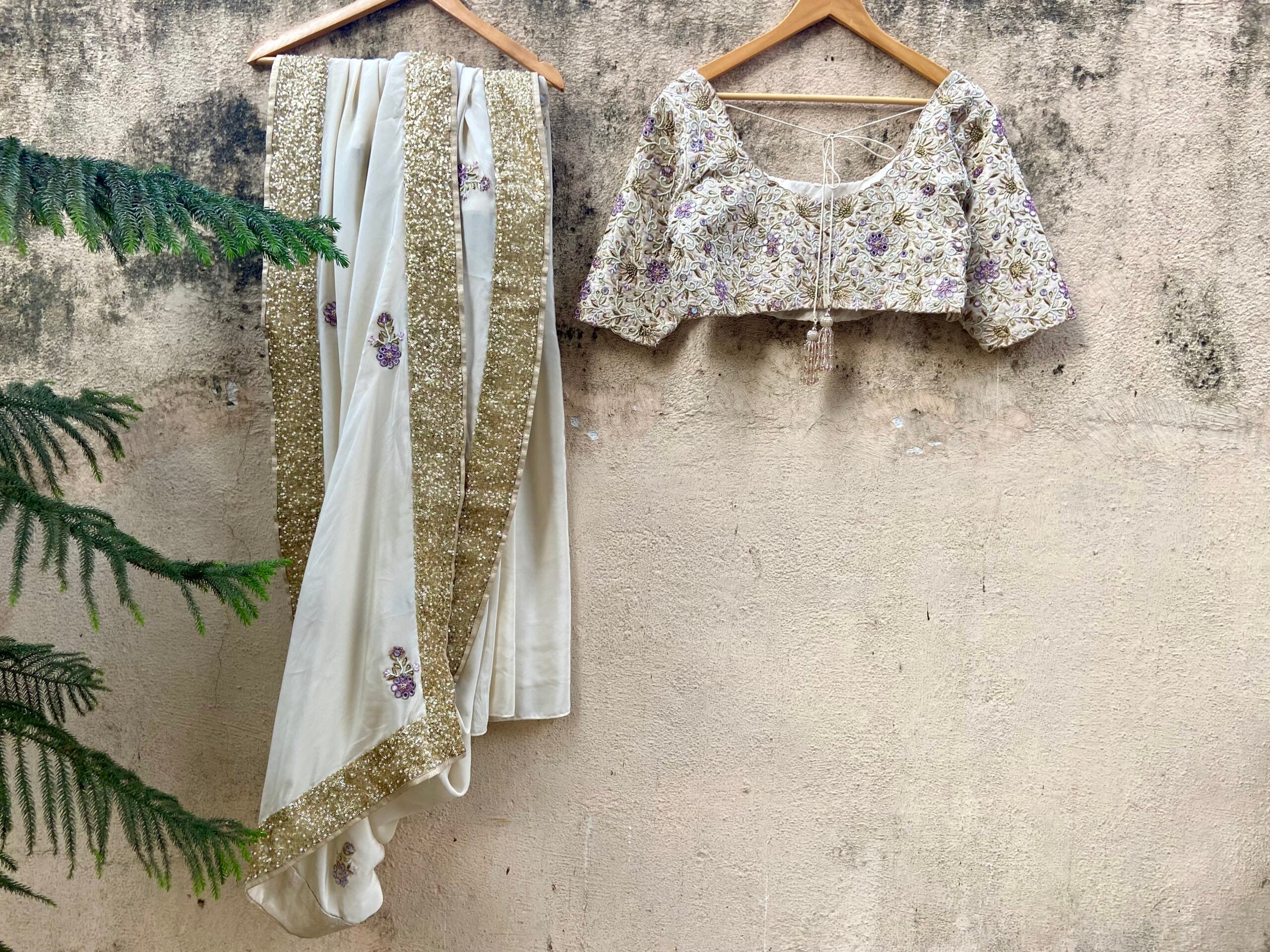 Ivory and Lavender Embroidered Saree image 3