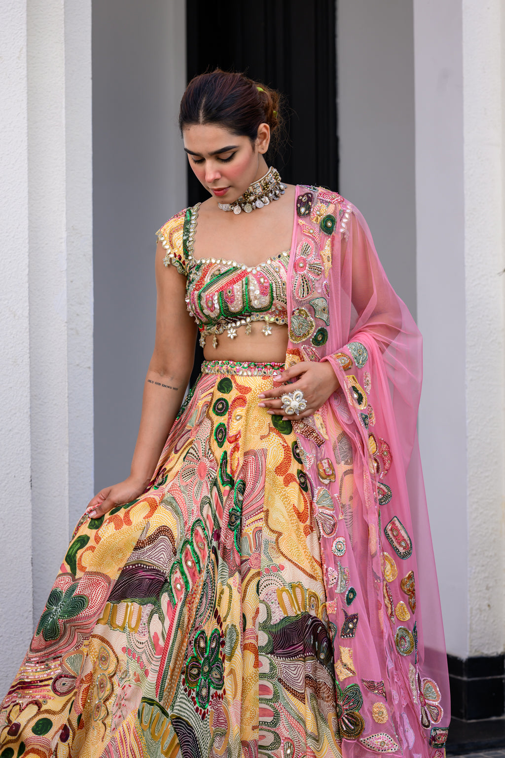 Flora Highlighted Lehenga Paidawn With Highlighted Blouse And Highlighted Applique Dupatta image 5