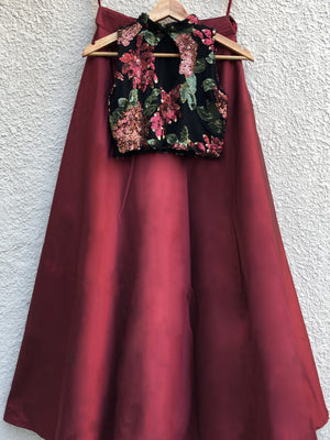 Black Incut Blouse with Wine Taffeta Skirt image 1