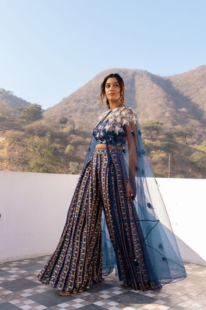 Blue Crepe Georgette Set With Cape image 3