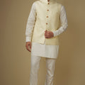 Ivory Floral Jacquard Jacket Kurta Set image 0