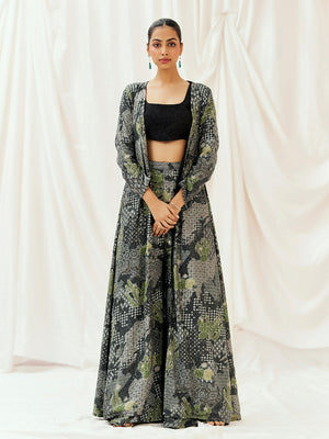 Black Printed Embroidered Long Jacket Sharara Set - M image