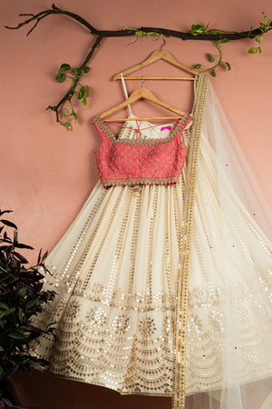 Ivory Sequin Starlight Lehenga with Pink Zardosi Blouse Set - Custom image