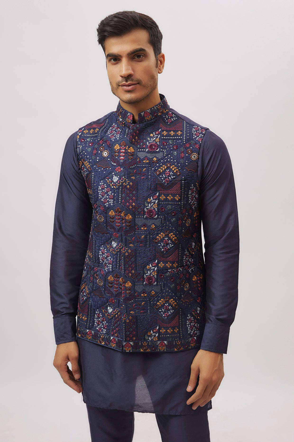 Navy Blue Botanical Embroidery Nehru Jacket image 1