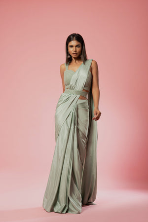 Sage Green Embroidered Saree image 1