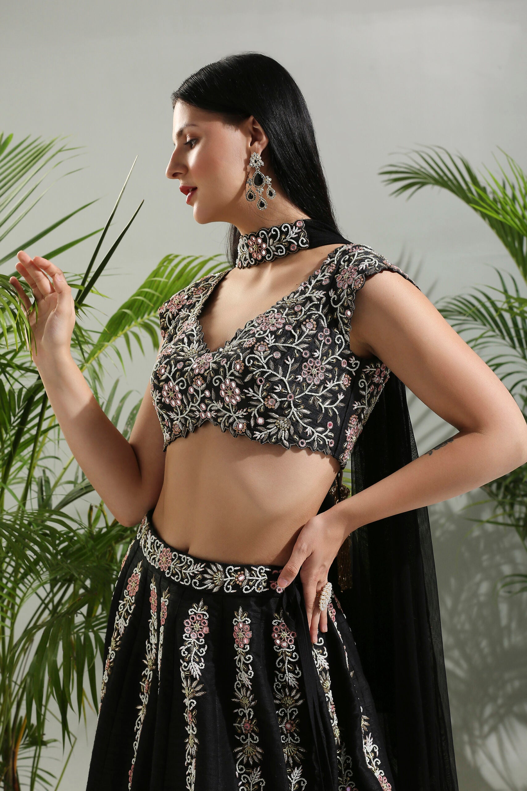 Black Thread and Mirror Hand Embroidered Lehenga Set image 7