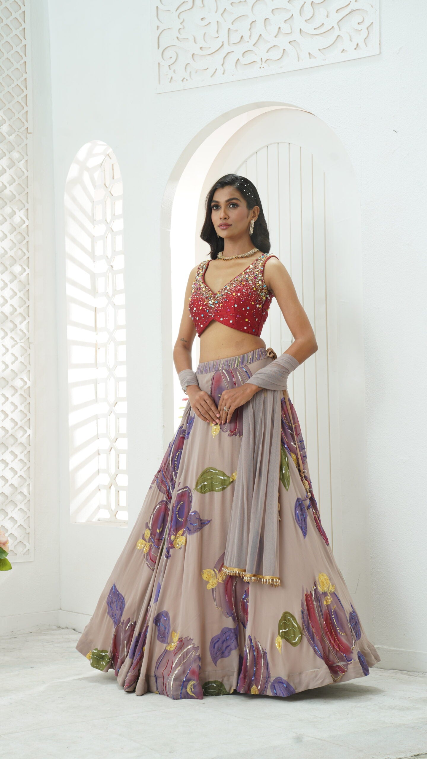 Mauve hand painted lehenga and embroidered Red blouse set image 0
