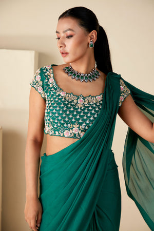 Green Embroidered Pre-Drape Saree image 3