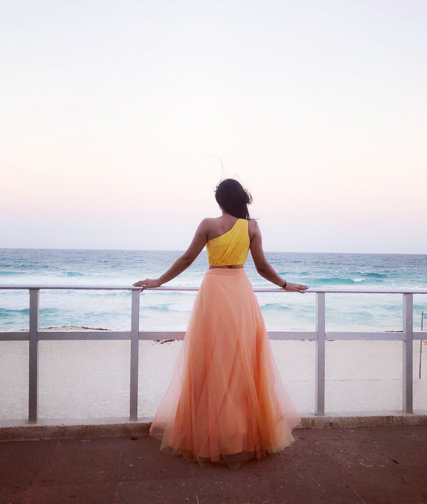 Yellow One Shoulder Blouse with Peach Tulle Skirt image 1