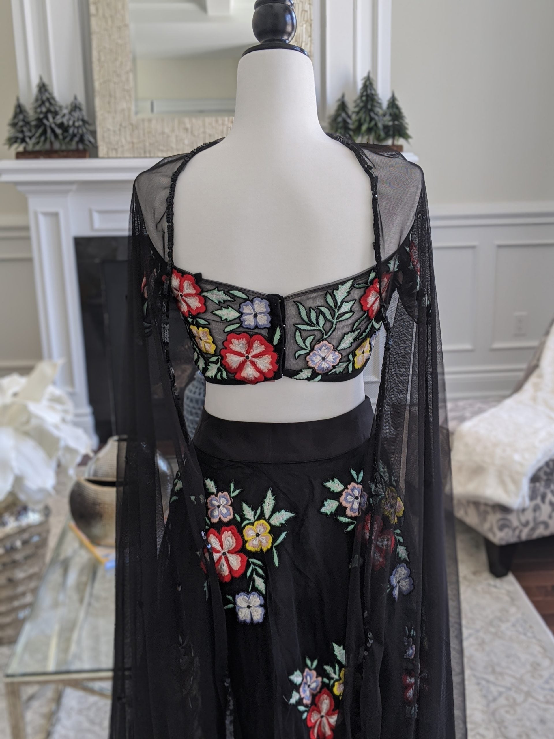 Black Floral Embroidered Off Shoulder Blouse with Lehenga Set image 4