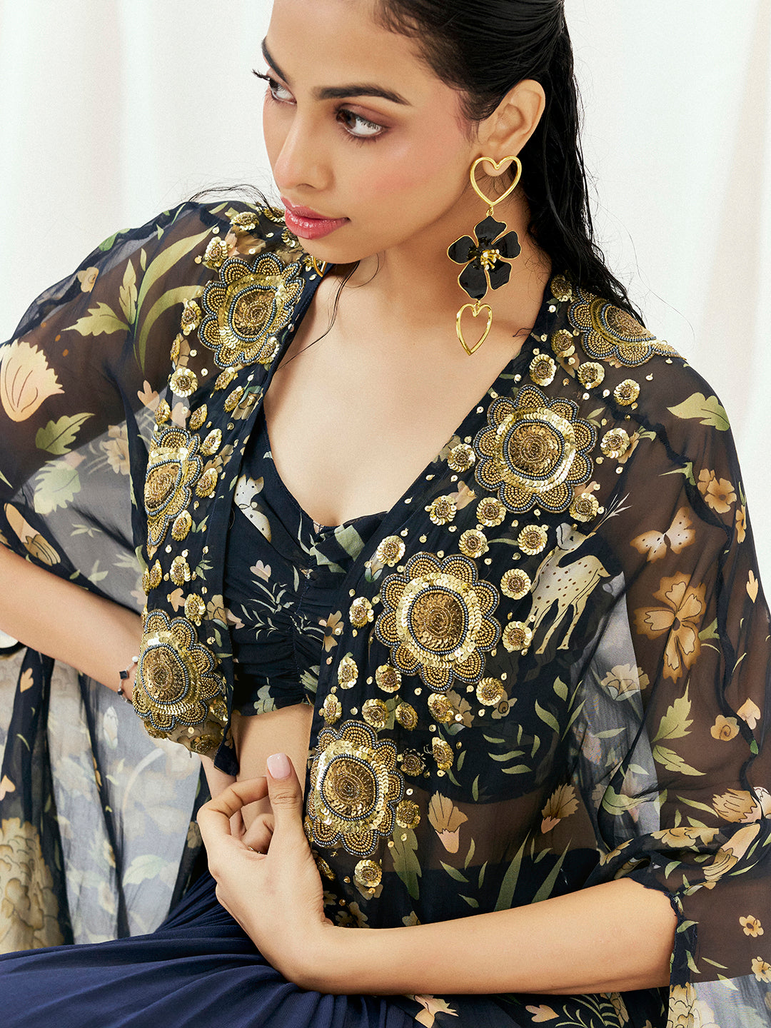 Navy Blue Printed Embroidered Lehenga Set with Cape image 2